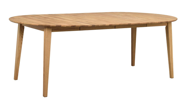 Oval matbord i ljust trä med fyra ben och utdragsfunktion