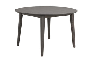 Runt matbord i grå ek med fyra ben och utdragsskiva i skandinavisk design