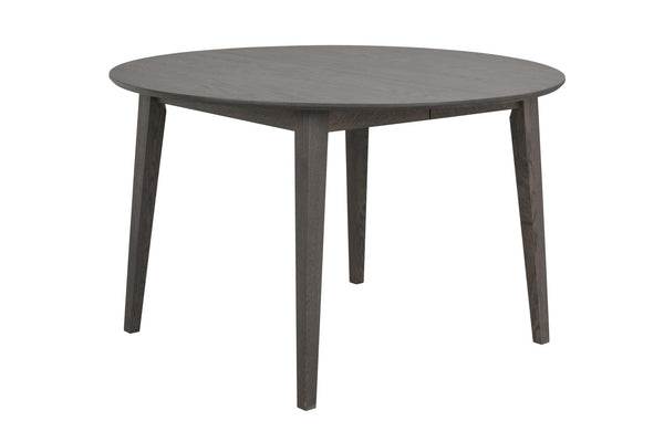 Runt matbord i grå ek med fyra ben och utdragsskiva i skandinavisk design
