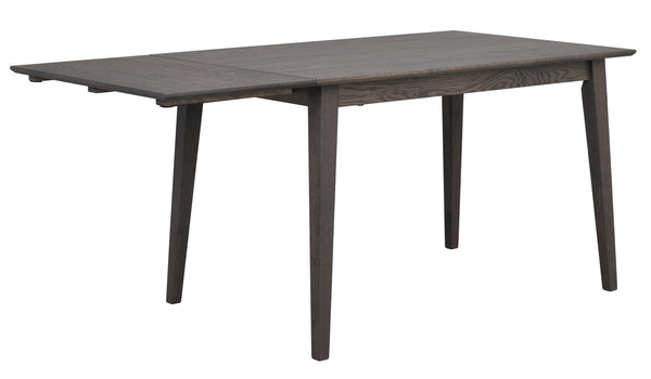 Grått matbord i trä med utdragbar skiva och fyra snedställda ben