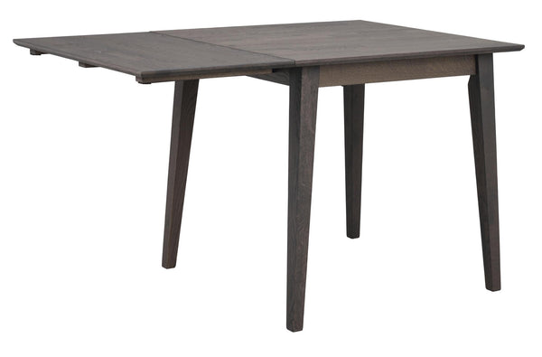 Grått utdragbart matbord i trä med avsmalnande ben, visat i delvis utdraget läge