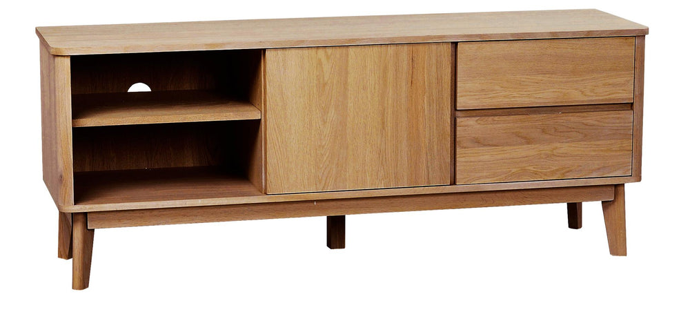 TV-bänk i ljust trä med två lådor, skjutdörr och öppna hyllor i modern skandinavisk design