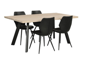Matbord i ljust trä med svarta ben och fyra svarta stolar i modern skandinavisk design