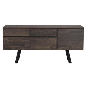 Mörkbrun sideboard i trä med två lådor och tre skåp på svarta snedställda ben i modern design