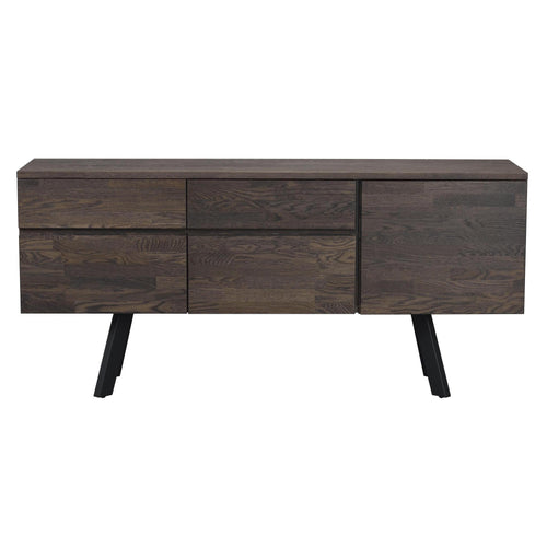 Mörkbrun sideboard i trä med två lådor och tre skåp på svarta snedställda ben i modern design