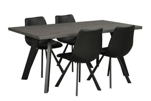 Matgrupp med grått rektangulärt bord och fyra svarta stolar i modern design