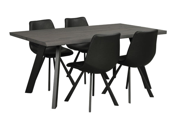 Matgrupp med grått rektangulärt bord och fyra svarta stolar i modern design