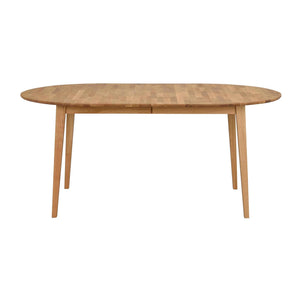 Ovalt matbord i ekfurnér med utdragsfunktion och fyra ben i ljust trä