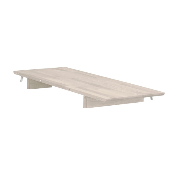 Ljus träsäng med plattformsbas och synliga skruvar, modern skandinavisk design