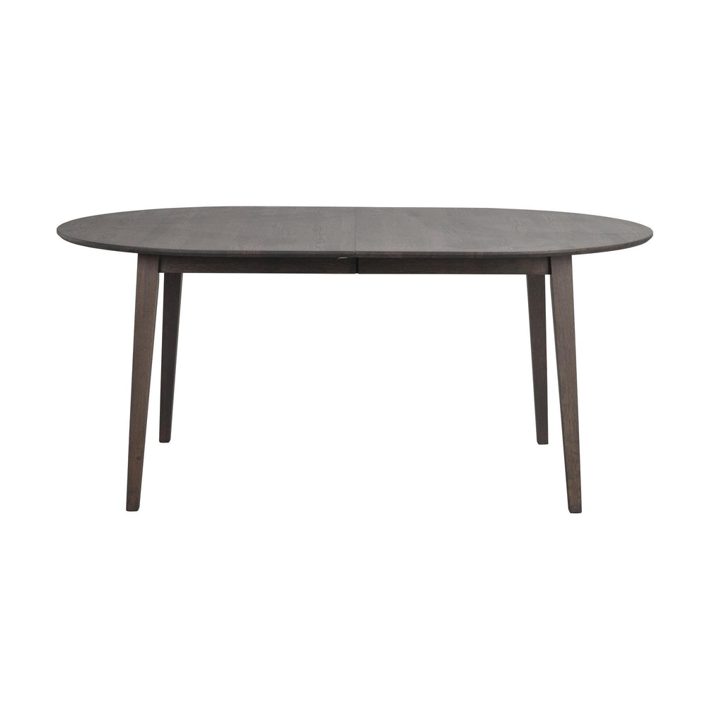 Oval matbord i grått trä med utdragsfunktion och fyra ben i skandinavisk design