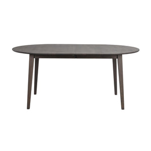 Oval matbord i grått trä med utdragsfunktion och fyra ben i skandinavisk design