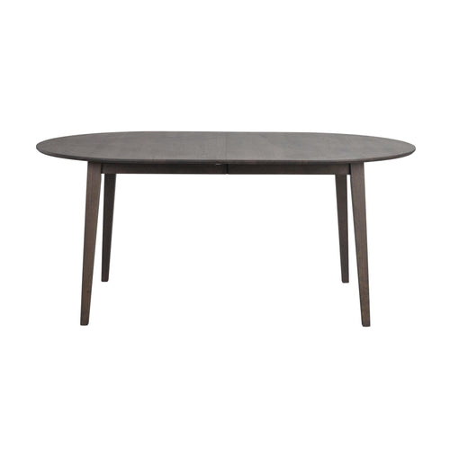 Oval matbord i grått trä med utdragsfunktion och fyra ben i skandinavisk design