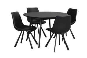 Rund matgrupp i svart med bord och fyra stolar i modern skandinavisk design