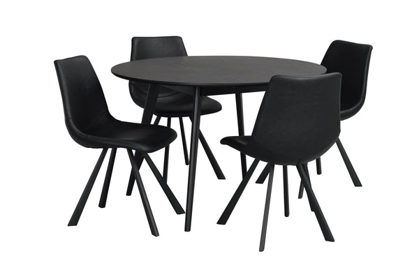 Rund matgrupp i svart med bord och fyra stolar i modern skandinavisk design