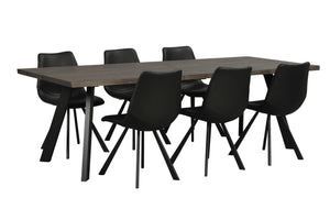 Matbord i grå ek med sex svarta stolar och korsformade ben i modern skandinavisk design