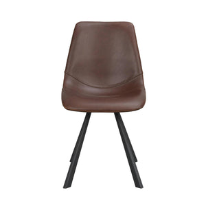 Brun läder matstol med svarta metallben i modern design, frontvy