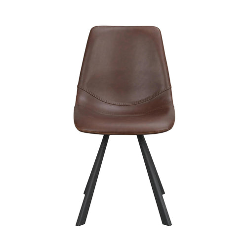 Brun läder matstol med svarta metallben i modern design, frontvy