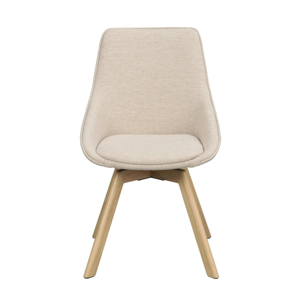 Beige stoppad stol med träben i ljust trä, modern skandinavisk design
