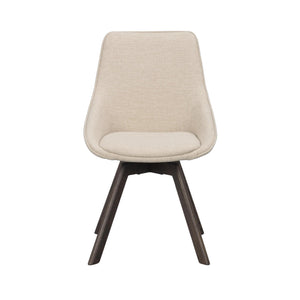 Beige matstol med stoppad sits och rygg på mörka träben, modern design med svängd form