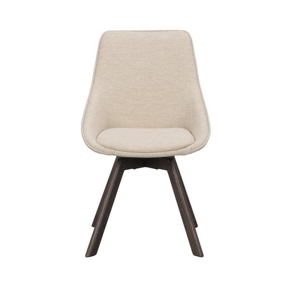 Beige matstol med stoppad sits och rygg på mörka träben, modern design med svängd form