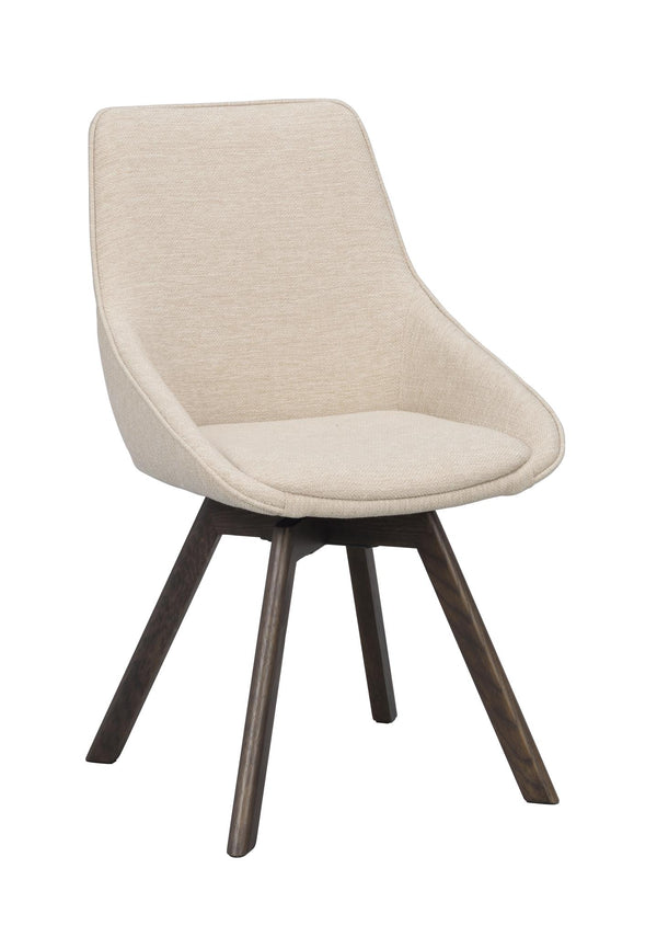 Beige stol med svarta träben och svängd rygg, modern skandinavisk design
