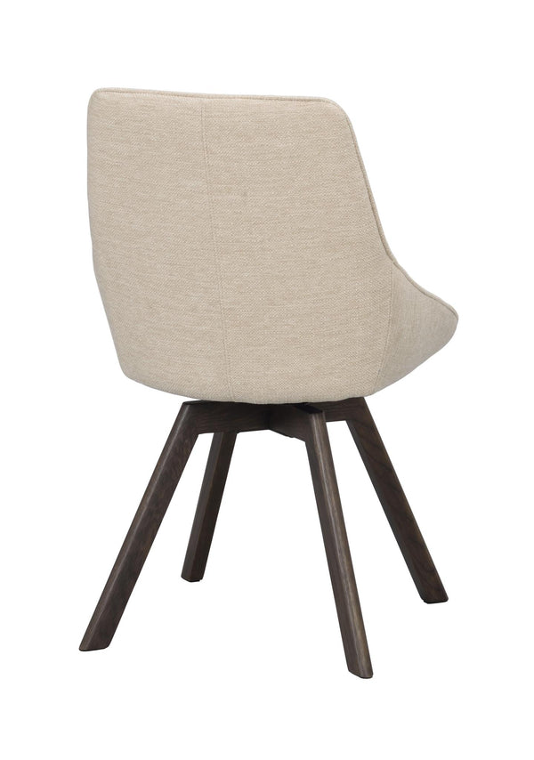 Beige stol med mörka träben, bakifrån sedd med modern design och svängbar funktion
