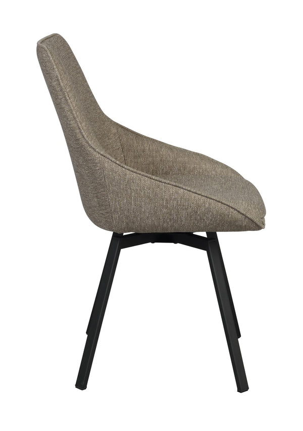 Grå matstol med hög rygg och svarta ben, sedd från sidan