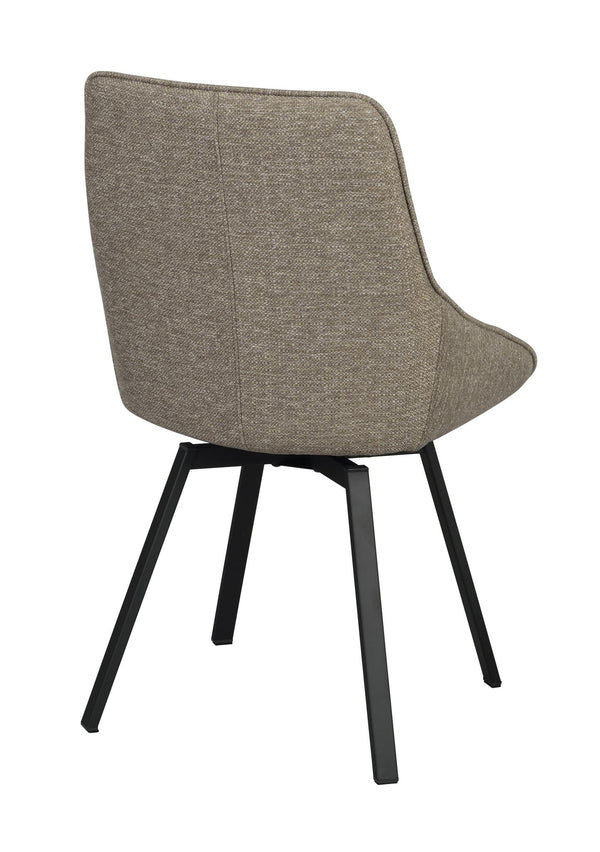 Matstol med grå klädsel och svarta ben, sedd bakifrån