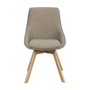 Grå stoppad matstol med träben i ljust trä, skandinavisk design