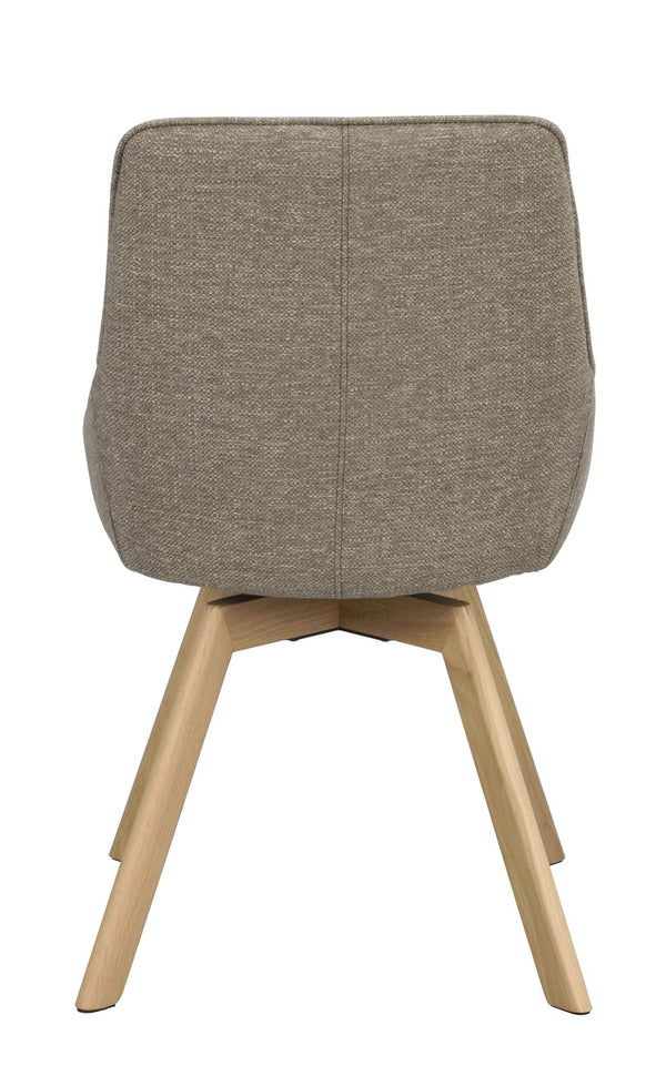 Grå matstol med träben i ek, sedd bakifrån med tydlig klädsel och svängd rygg