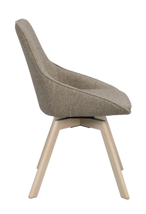 Grå matstol med hög rygg och ljusa träben, visad från sidan mot vit bakgrund