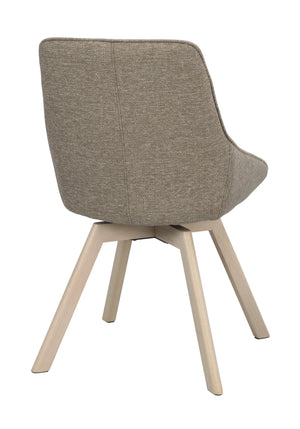 Matstol med grå klädsel och ljusa träben, sedd bakifrån med svängbar funktion