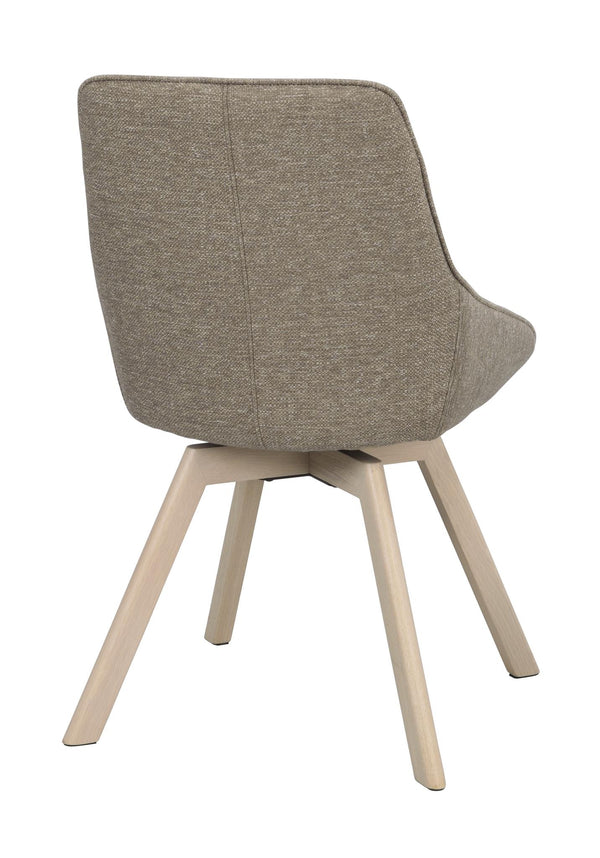 Matstol med grå klädsel och ljusa träben, sedd bakifrån med svängbar funktion