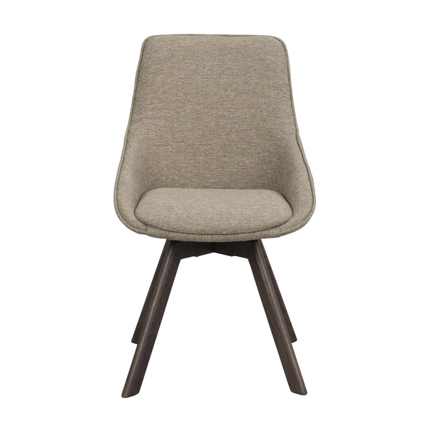 Grå stoppad stol med träben i mörkbrun finish, modern skandinavisk design med svängd rygg