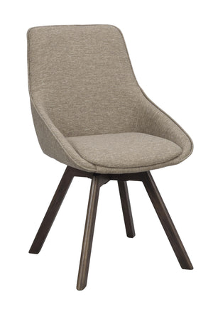 Grå matstol med stoppad sits och rygg, fyra mörka träben i modern skandinavisk design