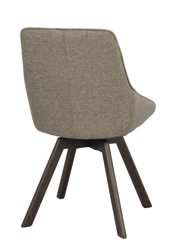 Grå matstol med träben i mörk finish, bakifrån sedd mot vit bakgrund