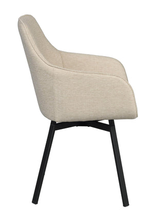 Beige stol med svarta ben i sidovy, modern design med kurvad rygg och stoppad sits