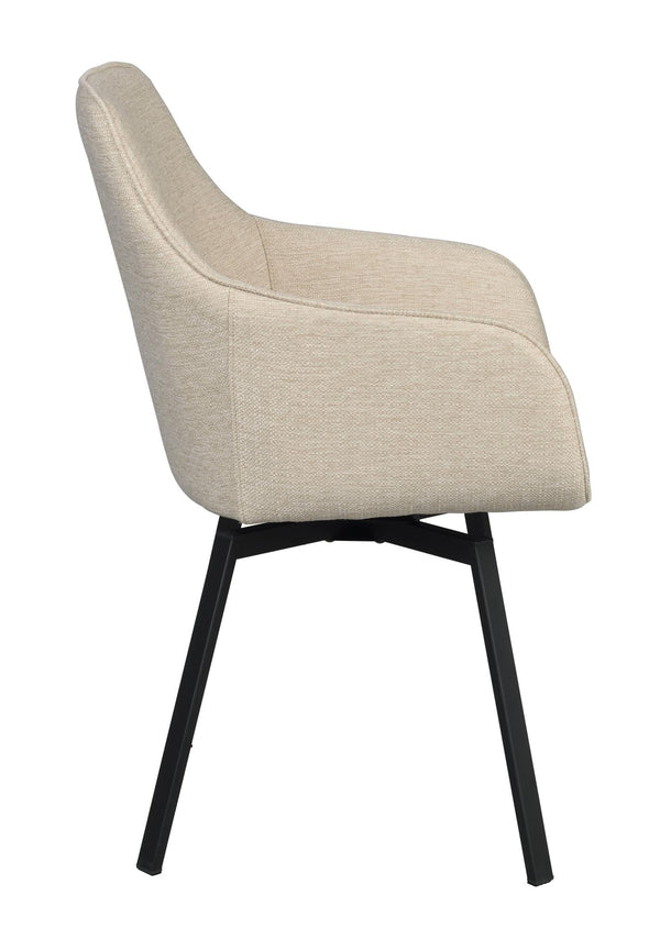 Beige stol med svarta ben i sidovy, modern design med kurvad rygg och stoppad sits