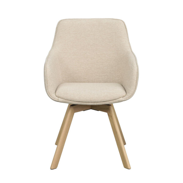 Beige stol med armstöd och träben i ljust trä, modern skandinavisk design