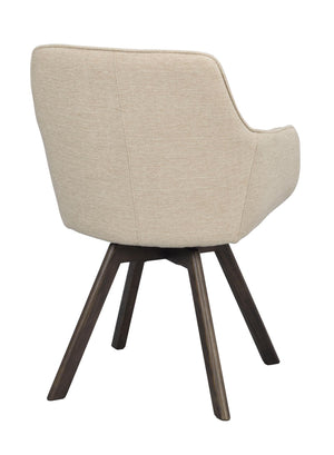 Beige matstol med armstöd och mörkbruna träben, sedd bakifrån