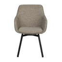 Grå matstol med armstöd och svarta ben i modern design, framifrån