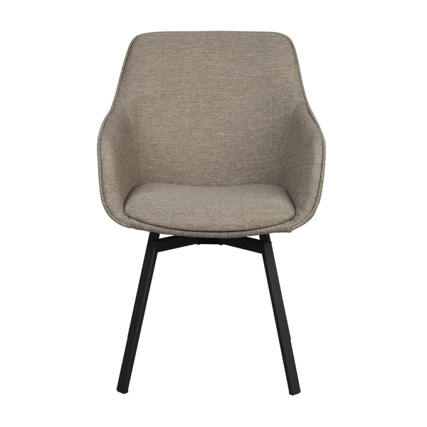 Grå matstol med armstöd och svarta ben i modern design, framifrån