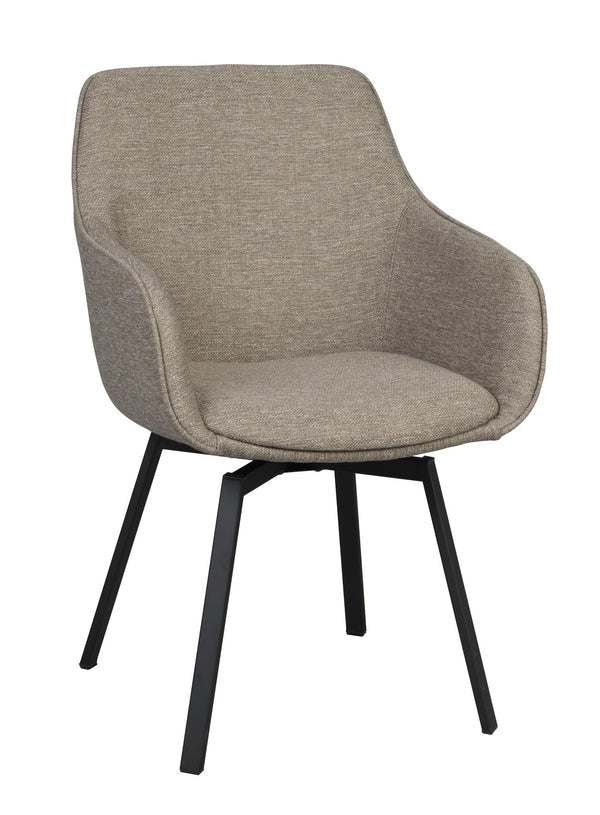 Grå matstol med armstöd och svarta ben i modern skandinavisk design