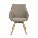 Grå stoppad stol med träben i ek, modern design med armstöd och svängbar funktion