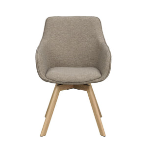 Grå stoppad stol med träben i ek, modern design med armstöd och svängbar funktion