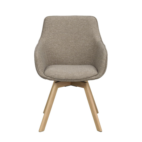 Grå stoppad stol med träben i ek, modern design med armstöd och svängbar funktion