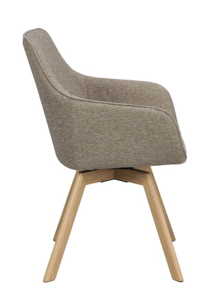 Grå matstol med träben i ek, sidovy som visar svängd rygg och stoppad sits