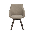 Grå stoppad matstol med träben i mörkt trä, frontvy mot vit bakgrund