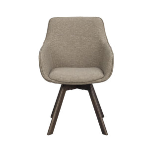 Grå stoppad matstol med träben i mörkt trä, frontvy mot vit bakgrund