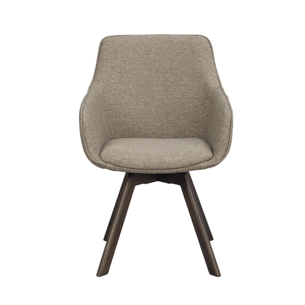 Grå stoppad matstol med träben i mörkt trä, frontvy mot vit bakgrund